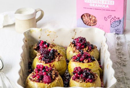 View Super berry stuffed and baked apples A white oven dish containing 6 super berry stuffed and baked apples