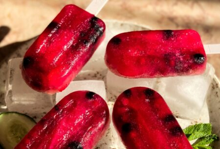 View Fermented fizz ice lollies Four red fermented fizz ice lollies lying on ice cubes on a tray in the sunlight