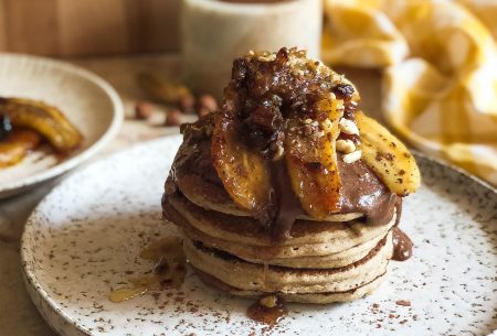 View Nutella and caramelised banana pancakes A stack of pancakes with homemade nutella and caramelised bananas on top