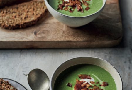 View Foolproof fermented wheaten bread Fresh baked brown wheaten bread displayed on a chopping board with a bowl of soup