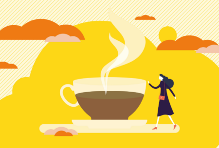View Is tea good for you? Discover the science behind this popular drink Illustration of a woman by a large mug of coffee with a yellow sky in the background