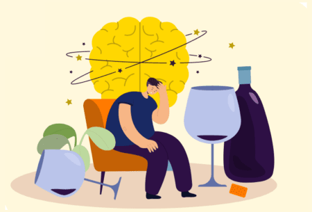 View Hungover, allergic or intolerant? Get savvy with alcohol choices Illustration of a person and a big brain with spirals and stars around the brain, surrounded by alcohol: two glasses of wine and a wine bottle in the picture