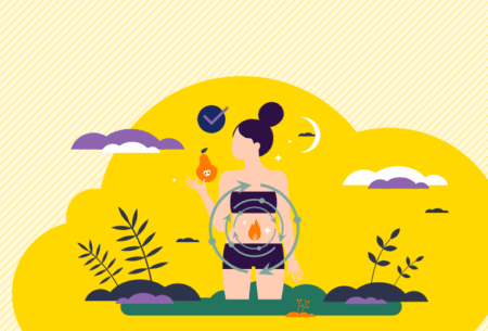 View Is it all or nothing when it comes to the low FODMAP diet? An illustration of a women in a garden eating a pear with circular arrows around the gut with a flame on the stomach