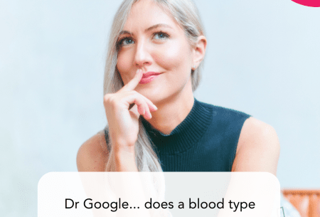View Does a blood type diet really work? Dr Megan Rossi sitting in a thinking pose with the caption reading 'Dr Google.. does a blood type diet really work?'