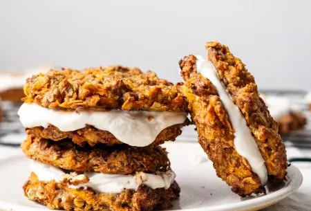 View No added sugar carrot cake cookies A photo of three of the carrot cookies of a plate