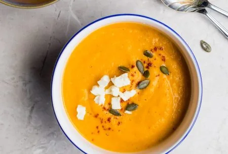 View The ‘soups & shakes’ diet plan: my take 2 bowls of orange soup topped with feta and pumpkin seeds