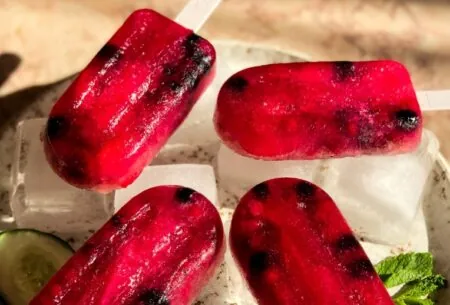 View Fermented fizz ice lollies Four red fermented fizz ice lollies lying on ice cubes on a tray in the sunlight
