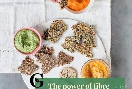 View The power of fibre for diabetes! A platter of seeded crackers and small pots of dips
