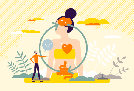 View Uncovering the ‘gut:everything’ connection Illustration of woman showing connection between bowl, brain and heart