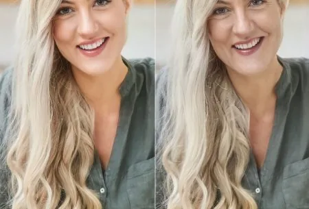 View Gut health & age Two side-by-side images of Dr Megan Rossi, one showing current age and one enhanced to show aging face