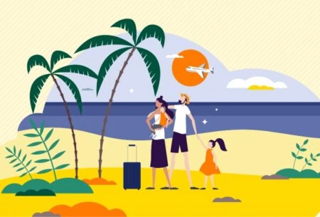View Get gut health ready for your holiday Illustration of a family standing on a beach with suitcase with the sea and a plane taking off in the background