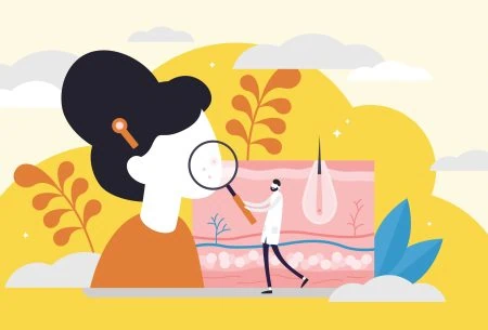 View 8 science-backed foods to feed your gut:skin axis An illustration of a doctor holding up a magnifying glass to someones skin
