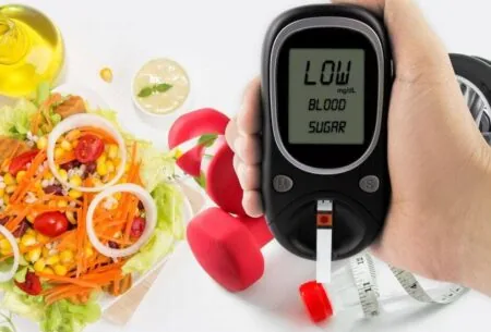 View Managing Gestational Diabetes With Diet blood sugar testing device with a background of gym equipment and a salad