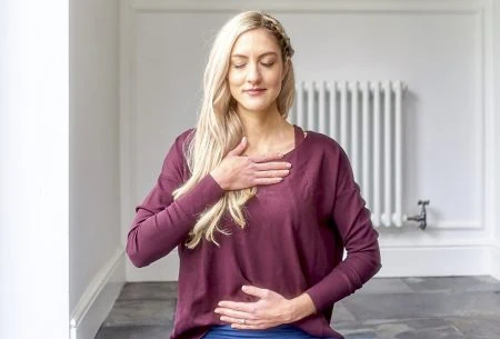 View How to reduce stress & cope with #Covid-19 Megan Rossi breathing with hand on heart and hand on stomach