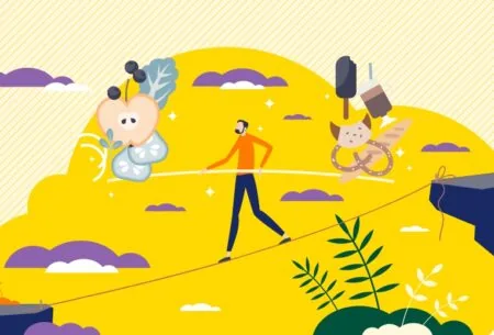 View Are you fibre fit? 4 simple ways to retrain your gut Illustration of a man balancing different foods on a tight rope across two cliffs