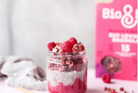 View The power of chia seeds pot of chia seeds with raspberry jam