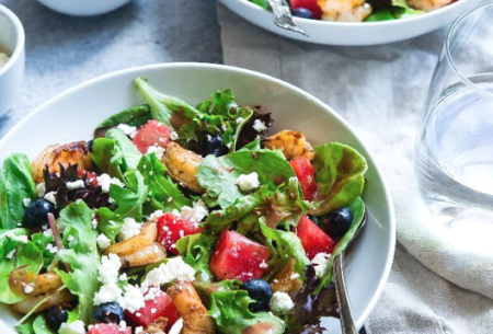 View Dietary diversity: the ultimate gut health ‘fix’? A leafy green salad with prawns, blueberries, feta and watermelon