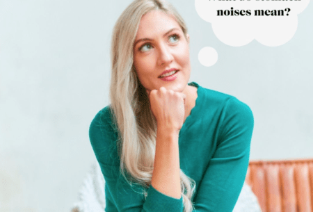View What do stomach noises mean? Dr Megan Rossi sitting on a bench with an illustrated thought bubble reading 'What do stomach noises mean?'