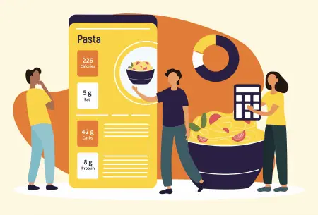 View 5 science-backed alternatives to calorie counting An illustration of three people standing in front of a calorie counting app
