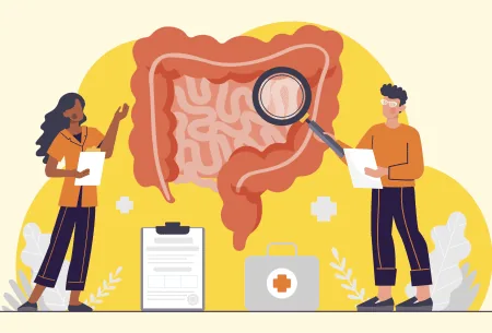 View 7 science-backed things to know about bloating Illustration of two healthcare professionals examining a gut under a magnifying glass to reflect bloating