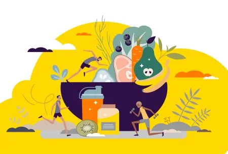 View 5 science-backed ways to age-proof your gut An illustration of a bowl of fruit and vegetable with people running and exercising alongside