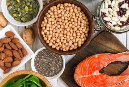 View Omega-3 & gut health: what’s the link? A spread of omega 3 sources such as salmon, chia seeds, avocado, walnuts and almonds