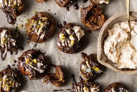 View Antioxidant-packed chocolate covered stuffed figs Picture of tasty stuffed figs for an easy plant-powered sweet treat.