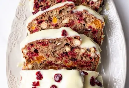 View No added sugar trail mix loaf cake with optional chocolatey glaze A photo of the trail mix cake sliced on a plate