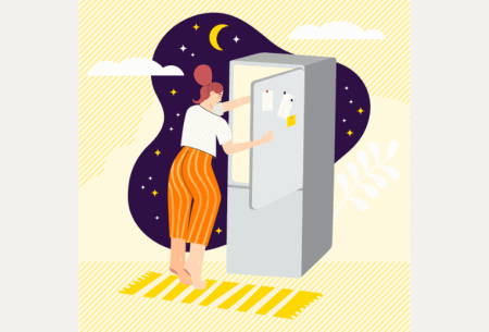 View Is stress eating stressing your gut? Illustrated image of person looking through fridge with evening stars and moon in background